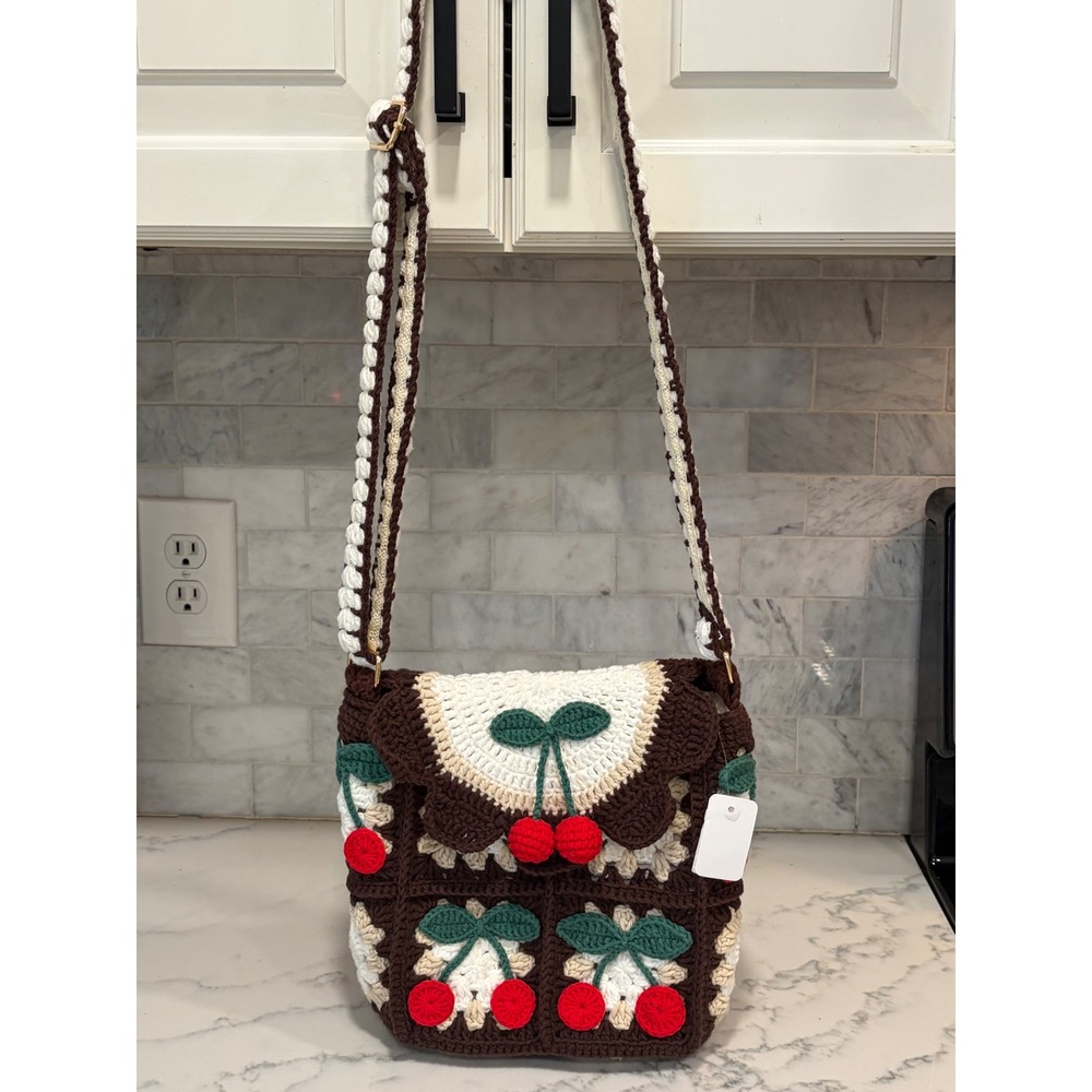 Handmade Crochet Cherry Granny Square Crossbody Bag Brown Cream Boho Cottagecore